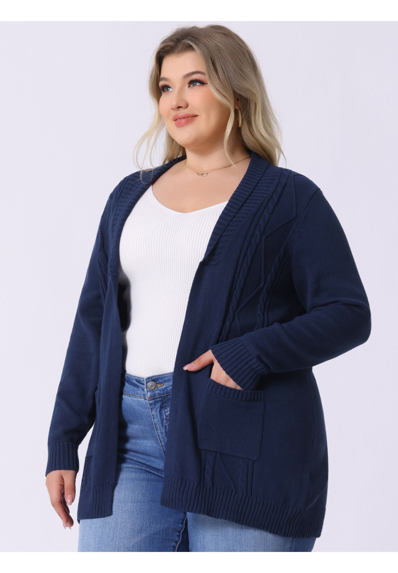 SHAWL COLLAR OPEN FRONT SWEATER CARDIGAN, Dark Blue / Navy, alternate image number 1