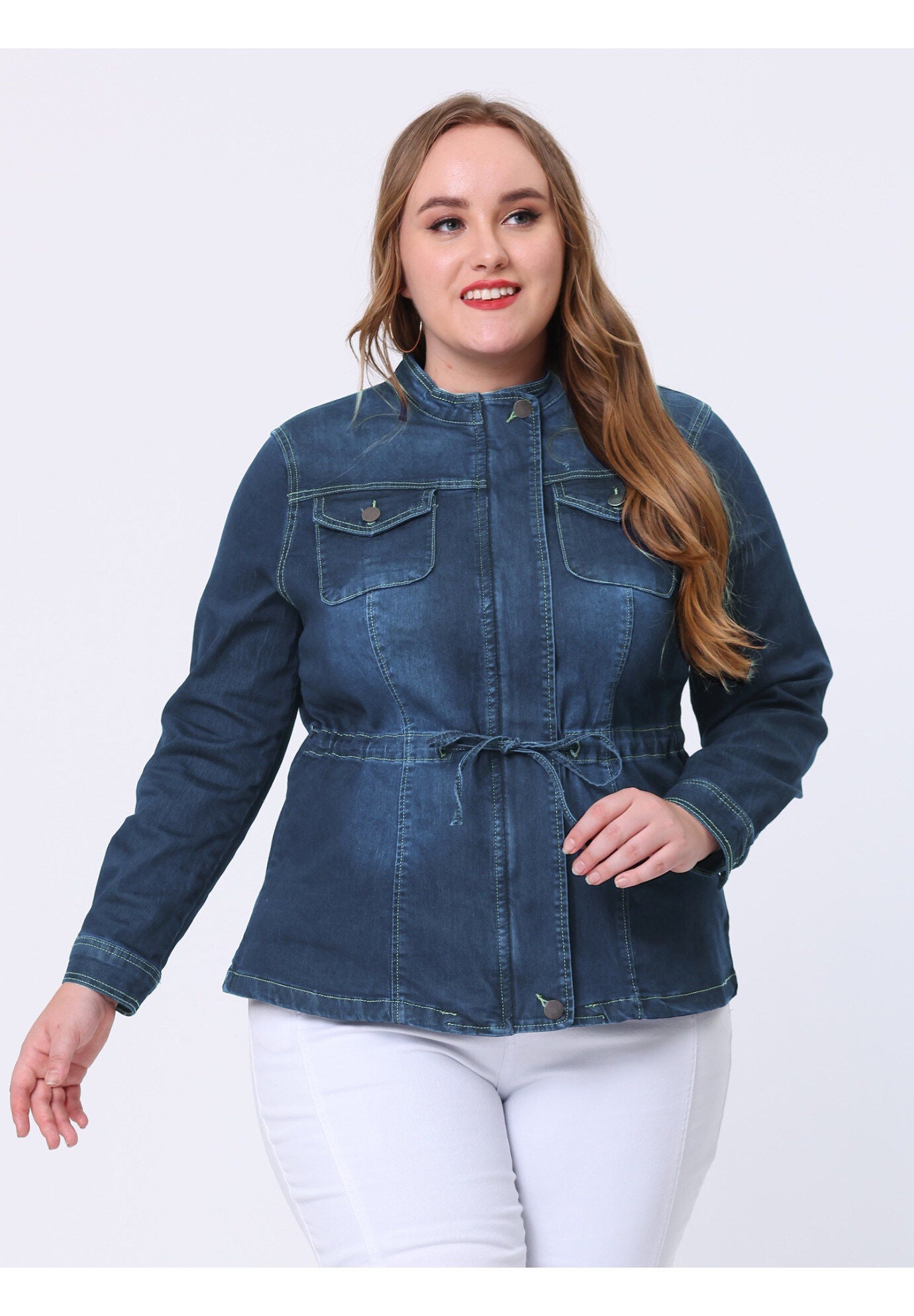 STRETCH STAND COLLAR ZIP DRAWSTRING DENIM JACKET, Navy Blue / Navy, alternate image number 1