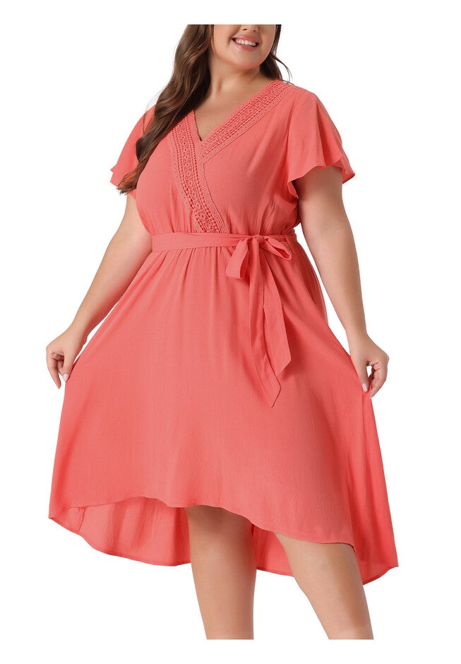 Summer V Neck Short Sleeve High Low A Line Midi Dress, Orange Pink / Coral, alternate image number 2
