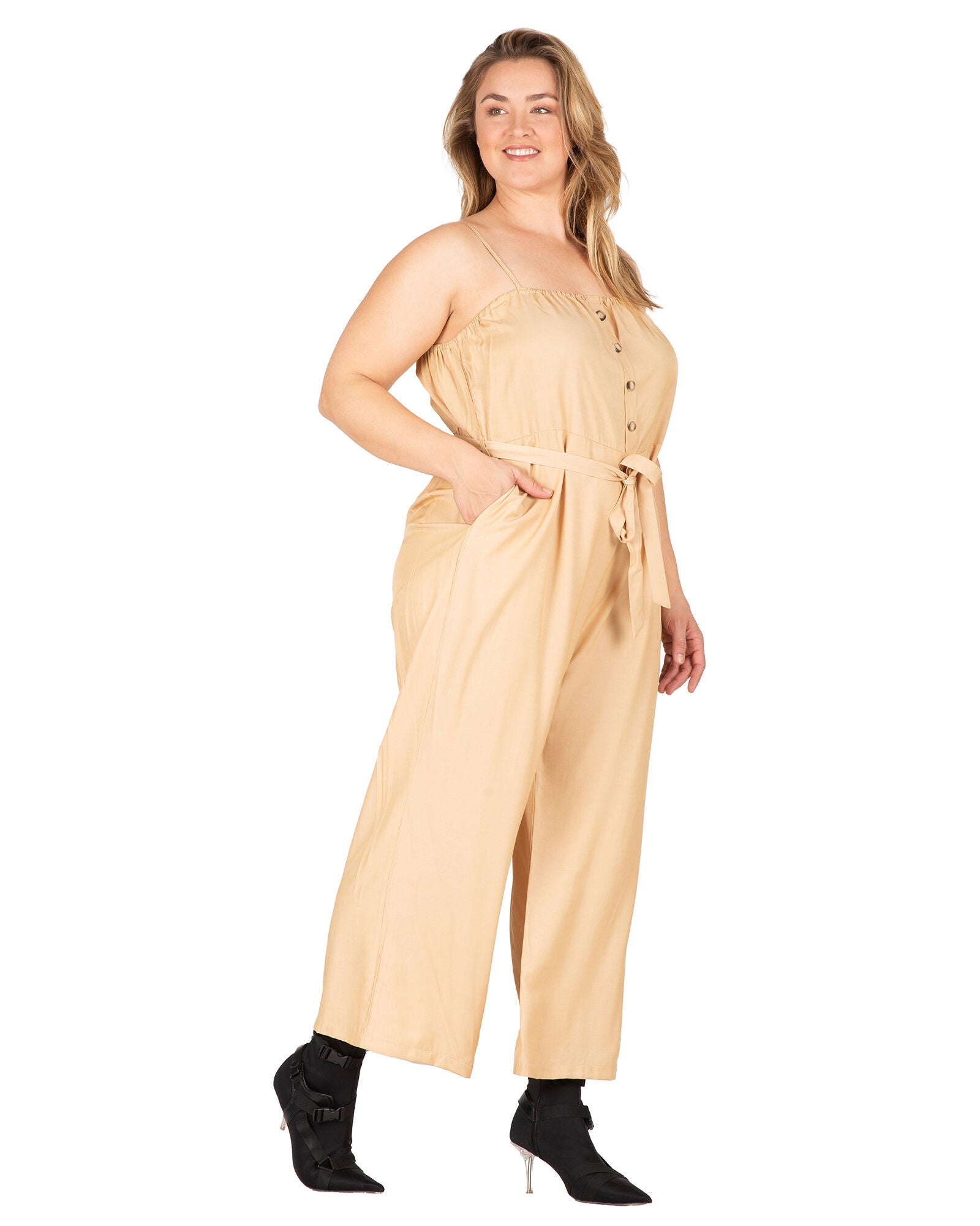 Charli Women&#39;s Adjustable Spaghetti Strap Elastic Neckline High Waist Jumpsuit, Khaki / Tan, alternate image number 1