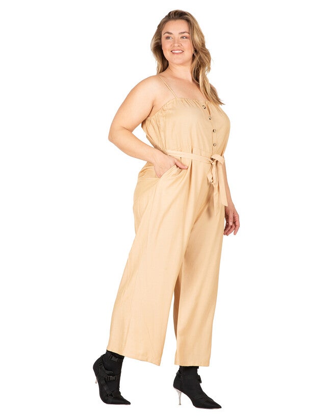 Charli Women's Adjustable Spaghetti Strap Elastic Neckline High Waist Jumpsuit, Khaki / Tan, alternate image number 1