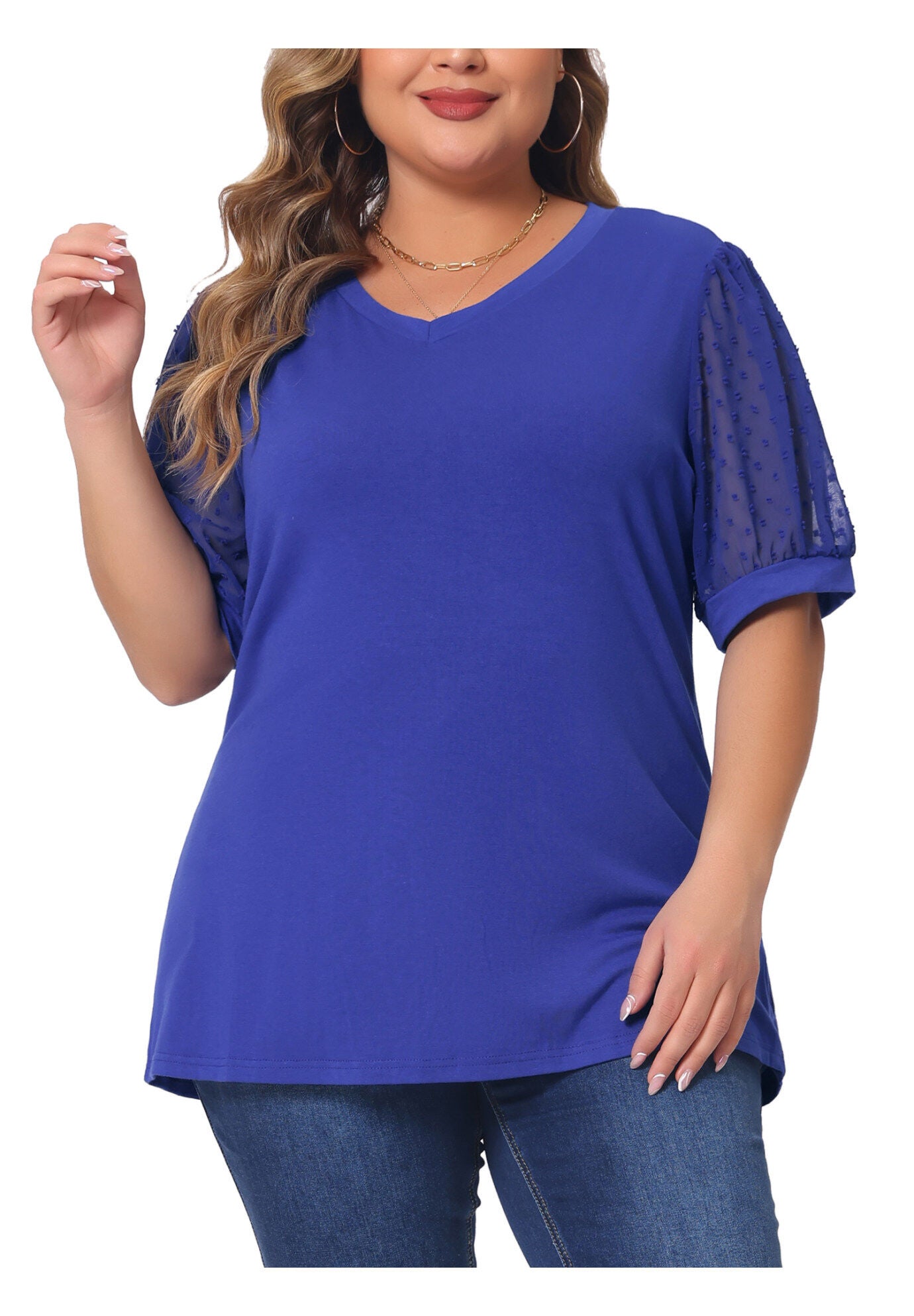 V Neck Swiss Dots Puff Sleeve Loose Top, Blue / Royal Blue, alternate image number 1