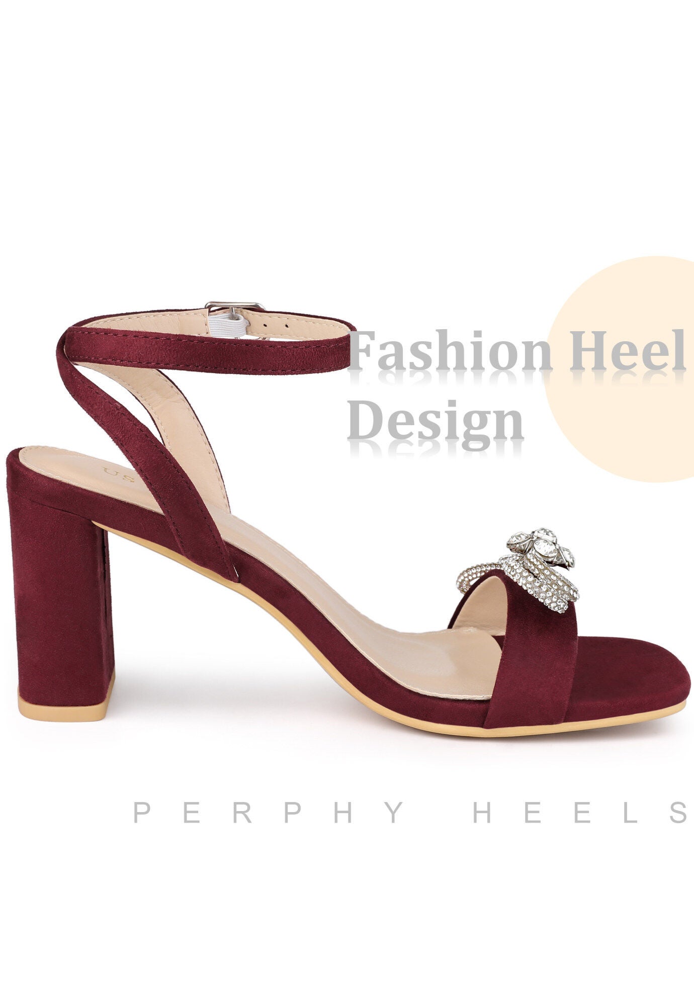Rhinestone Bow Slingback Chunky Heels Sandal, Burgundy / Burgundy, alternate image number 3