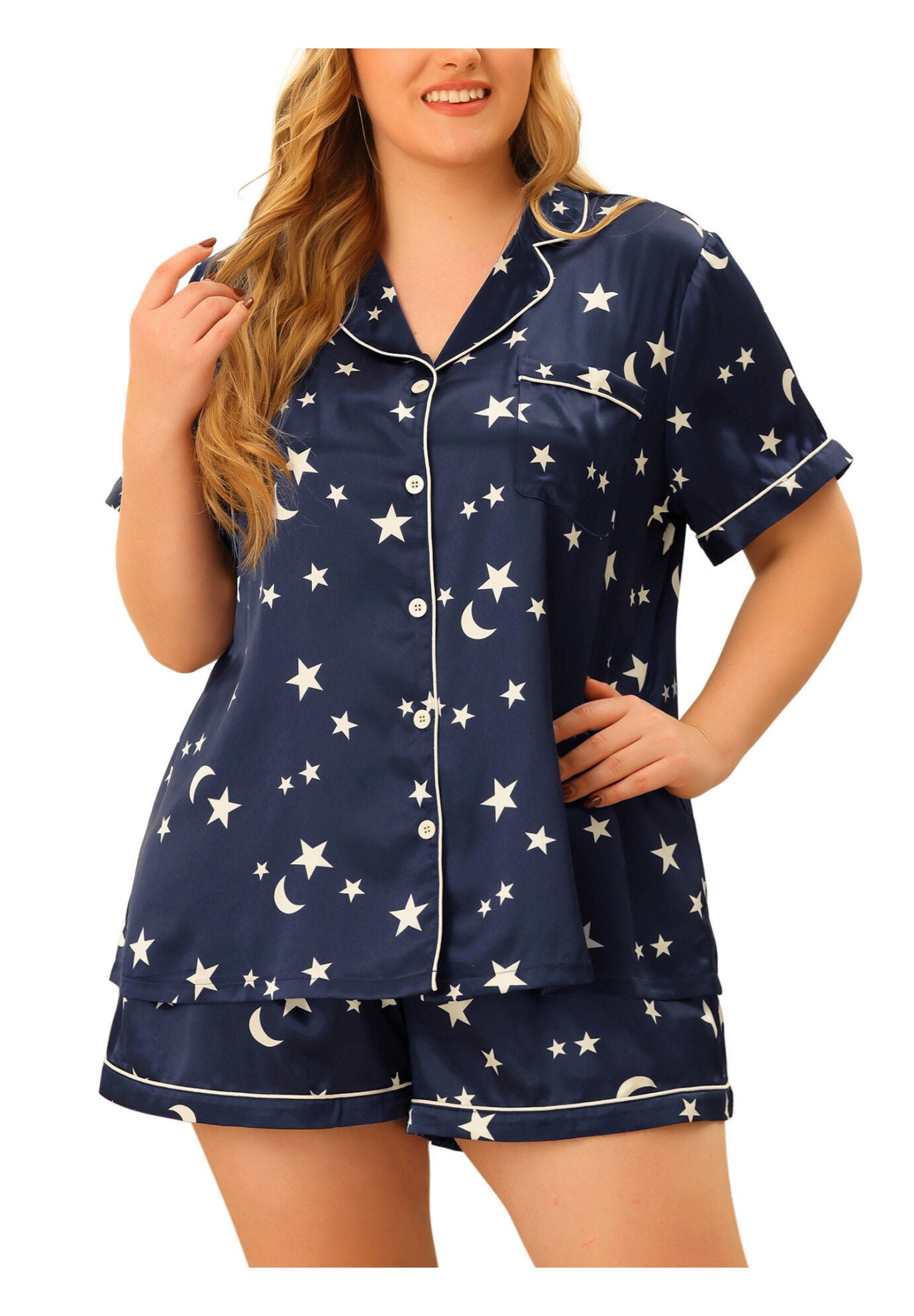 Button Shirt and Shorts 2 Pieces Lounge Set, Dark Blue / Navy, alternate image number 1