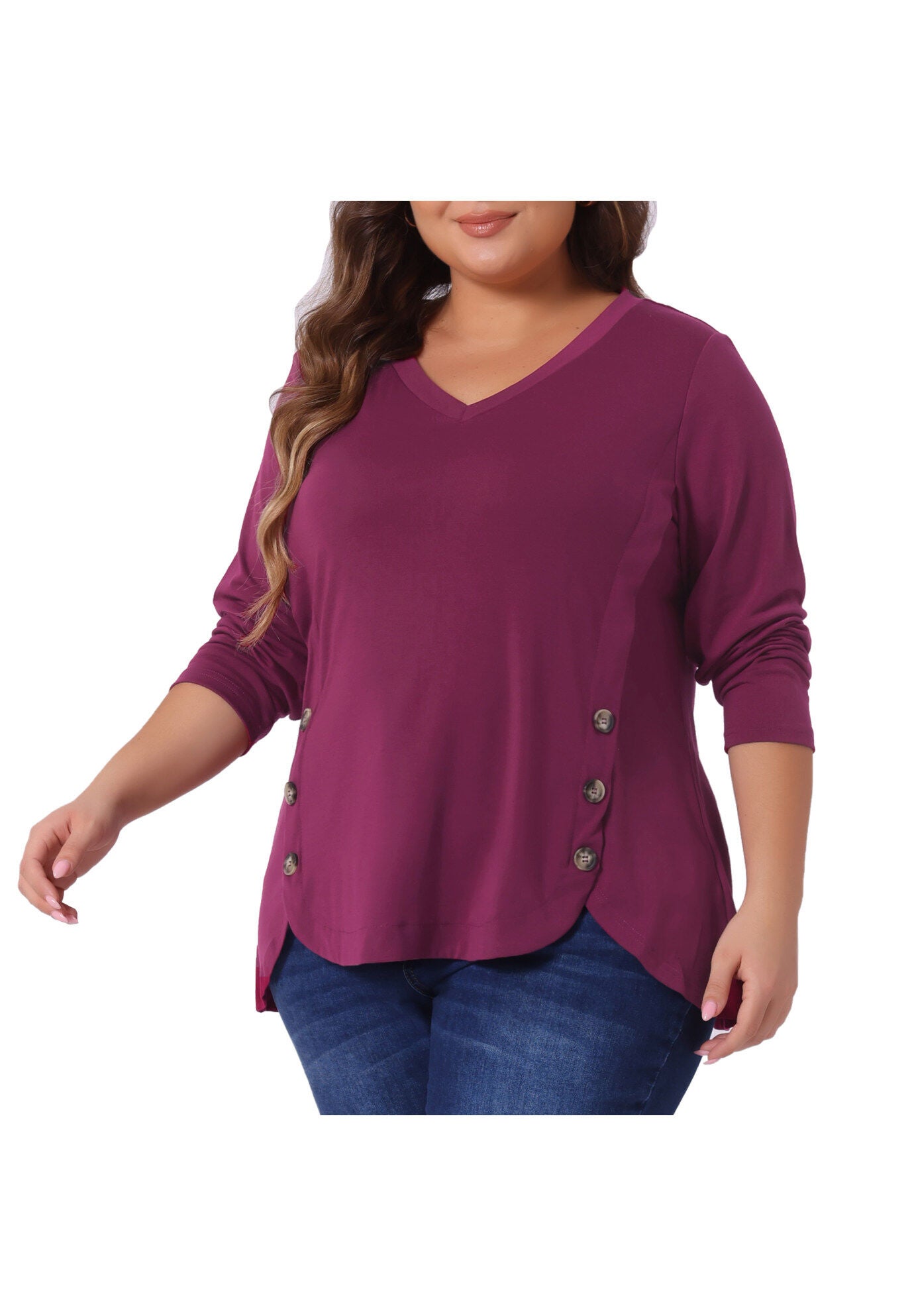 LONG SLEEVE TUNIC TOP V NECK LOOSE T SHIRT, Fuchsia / Deep Fuchsia, alternate image number 2