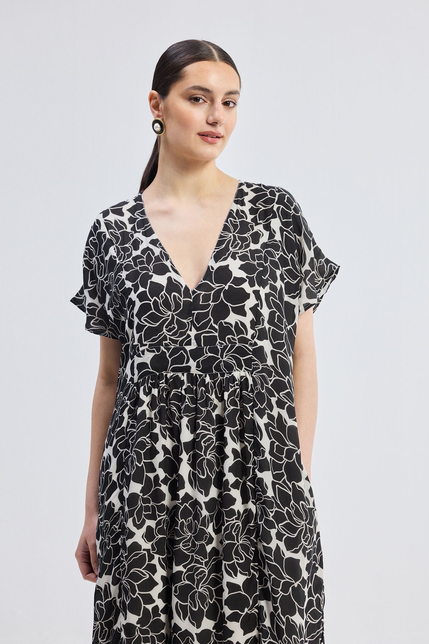 Deep V-neck Maxi Dress with Front Gathers in Black Florals, Midnight Bloom / Black, alternate image number 2