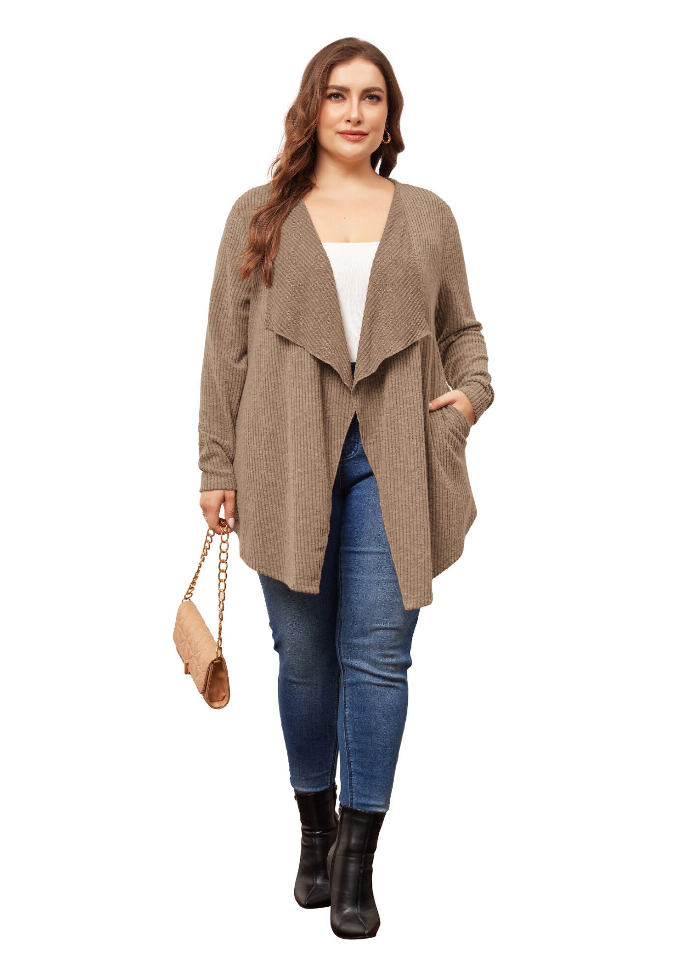 OPEN FRONT IRREGULAR HEM CARDIGAN WITH POCKETS, Dark Khaki / Brown, hi-res image number 0
