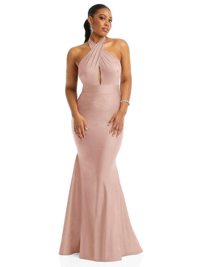 Criss Cross Halter Open-Back Stretch Satin Mermaid Dress | Dia & Co Criss Cross Halter Open-Back Stretch Satin Mermaid Dress | Dia & Co