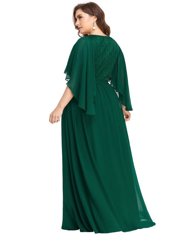 Deep V Neck Lace Bodice Long Flowy Evening Dress, Dark Green / Forest Green, alternate image number null