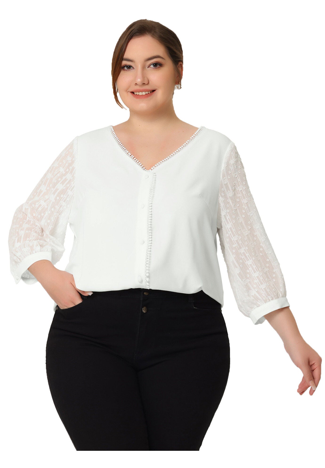 V Neck Sheer Lace Panel 3/4 Sleeve Button Up Lace Top, White / White, hi-res image number 0