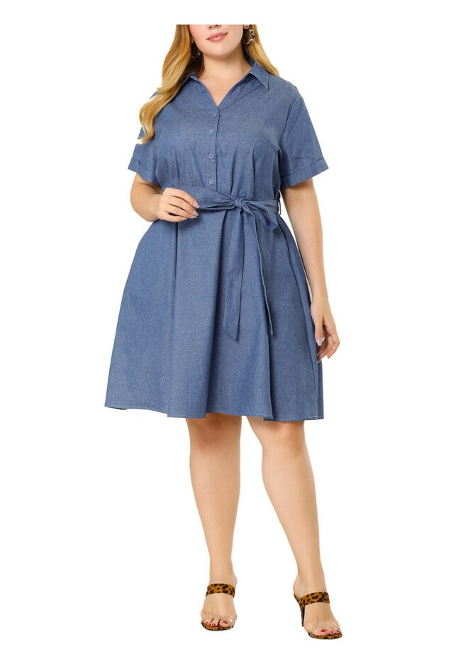 Buttons Belted Short Sleeves Chambray Dress, Blue / Chambray Denim Medium, alternate image number 1