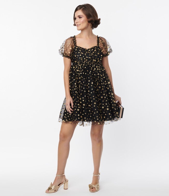Unique Vintage Black Gold Star Mesh Babydoll Belle Dress, Black / Black, hi-res image number null