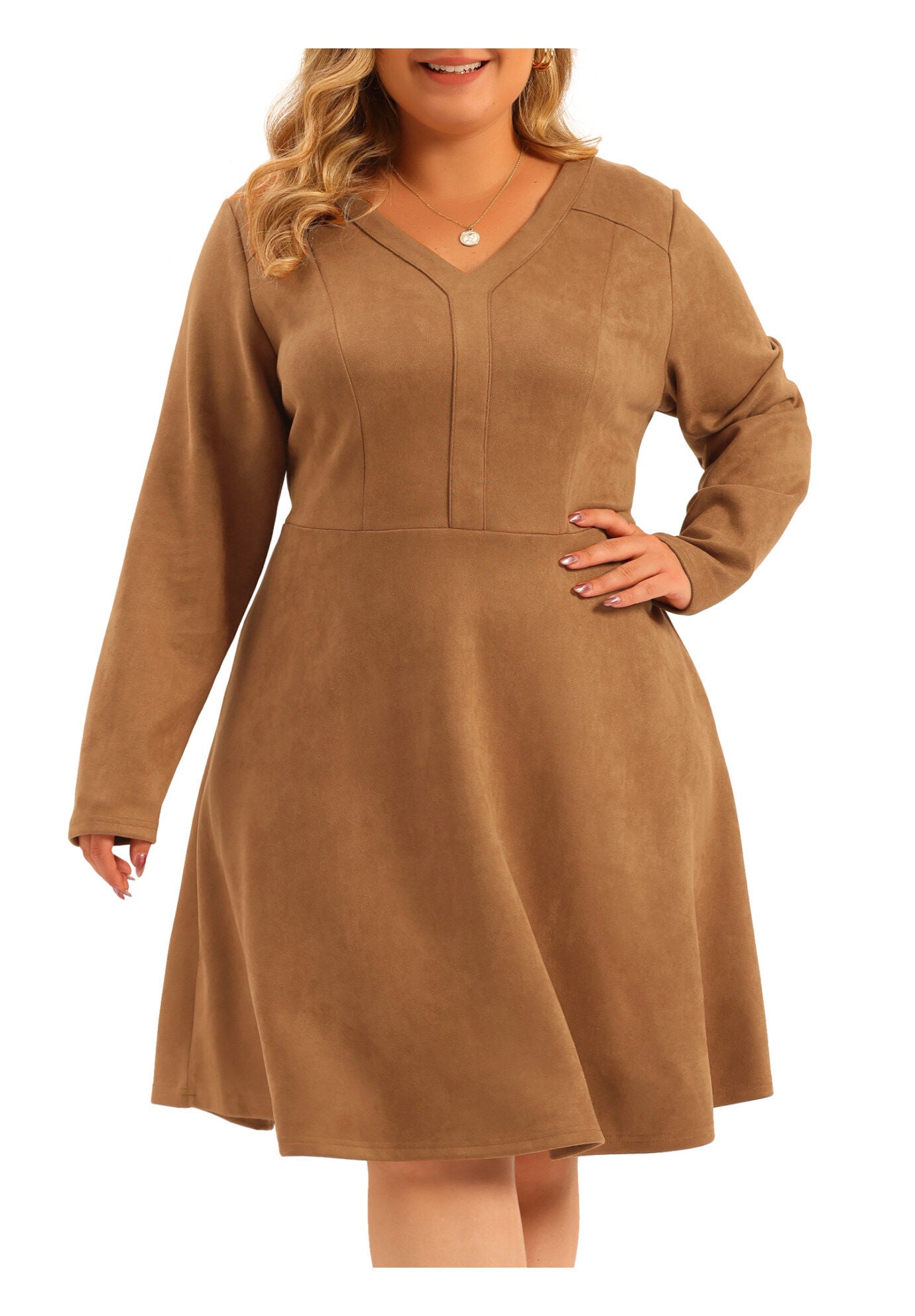 Faux Suede V Neck Long Sleeve A-Line Elegant Midi Dress, Brown / Brown, alternate image number 2