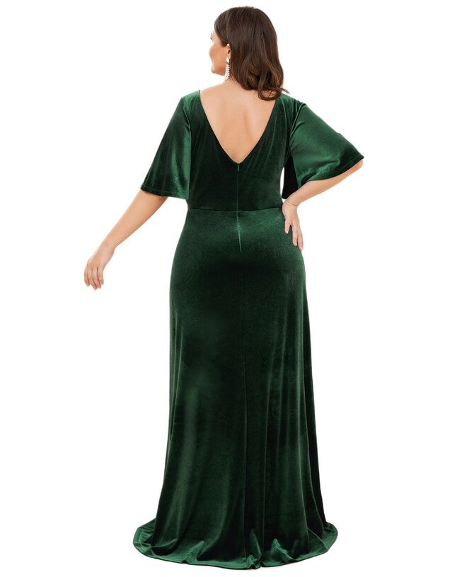 Elegant Double V Neck Velvet Party Dress with Sleeves, Dark Green / Forest Green, alternate image number null