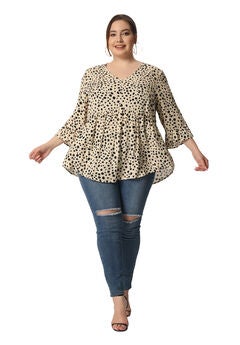 Polka Dots Blouse 3/4 Ruffle Sleeve Peplum Top