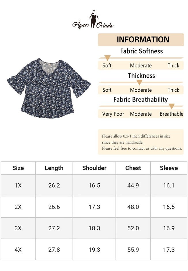 Floral Print V Neck Tiered Ruffle Bell Sleeve Blouse Top, Navy Blue / Navy, alternate image number 4