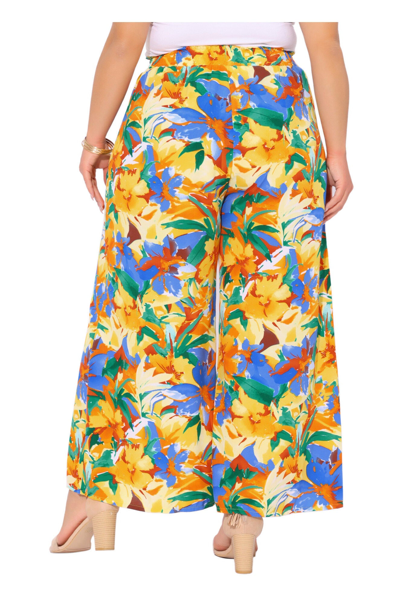 Wide Leg Floral Palazzo Pants Flowy Beach Trousers with Pocket, Yellow Orange / Yellow, alternate image number 4