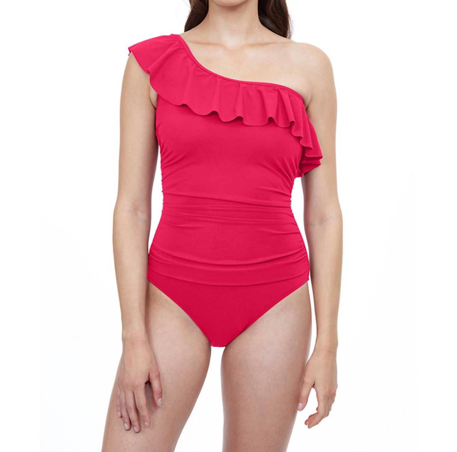 RUFFLE ONE SHOULDER ONE PIECE SWIMSUIT, Tutti Frutti Pink / Pink, hi-res image number 0
