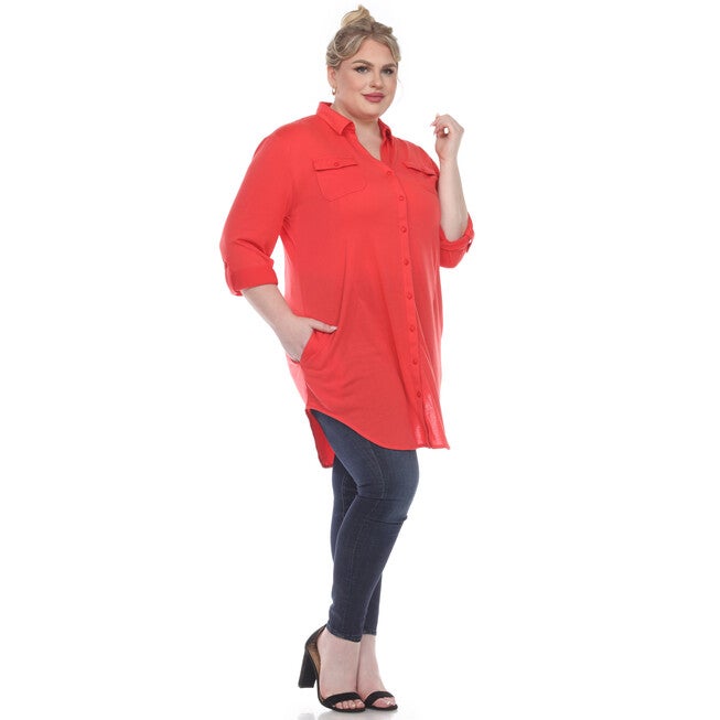 Stretchy Button Down Tunic Top, Red / Red, alternate image number 2