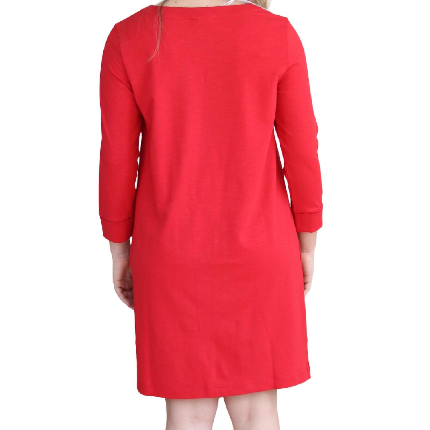 3/4 SLEEVE SPLIT NECK DRESS IN RUBY, , alternate image number 3