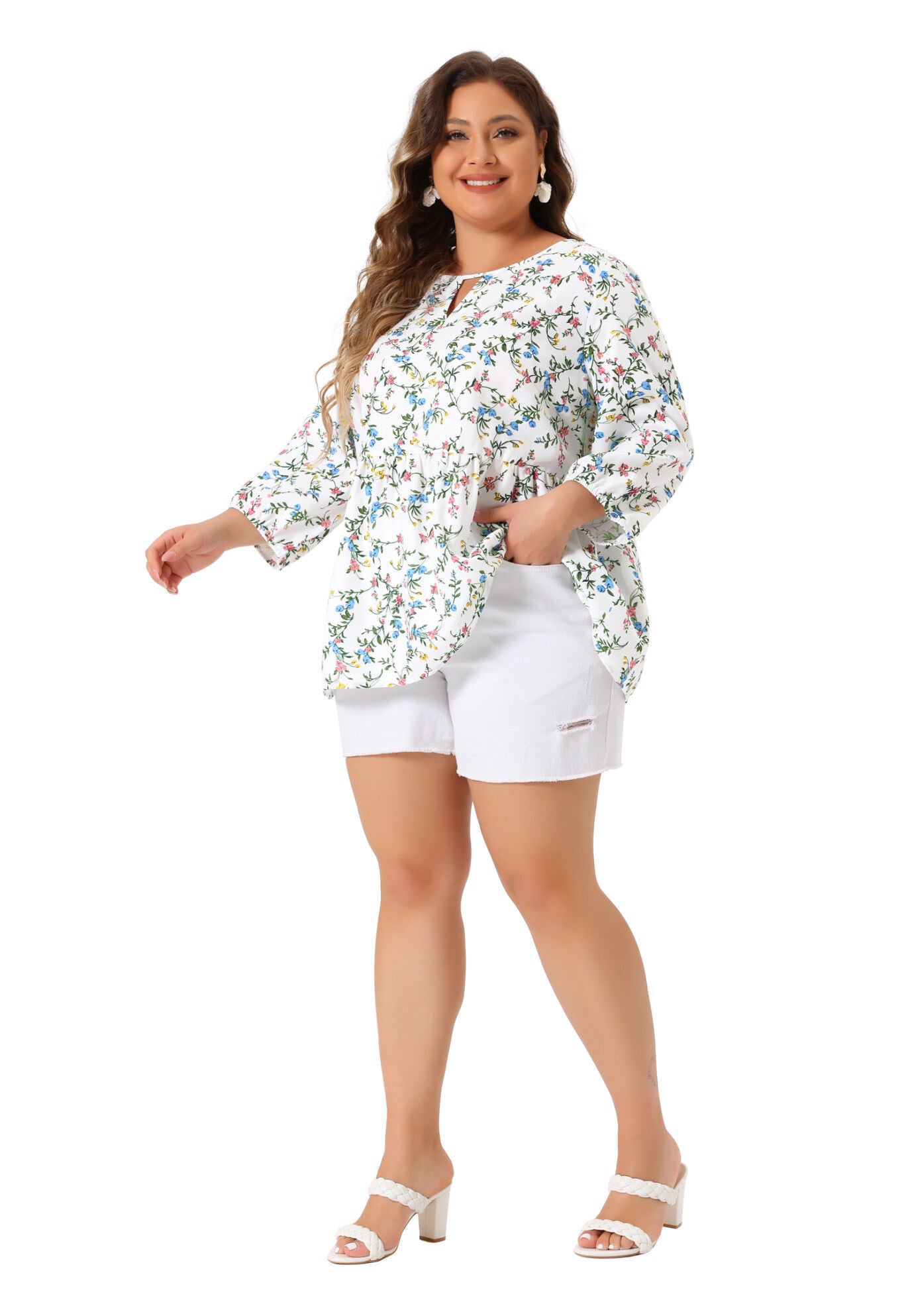 3/4 Sleeves Babydoll Chiffon Keyhole Floral Flowy Top Blouse, White / White, hi-res image number 0