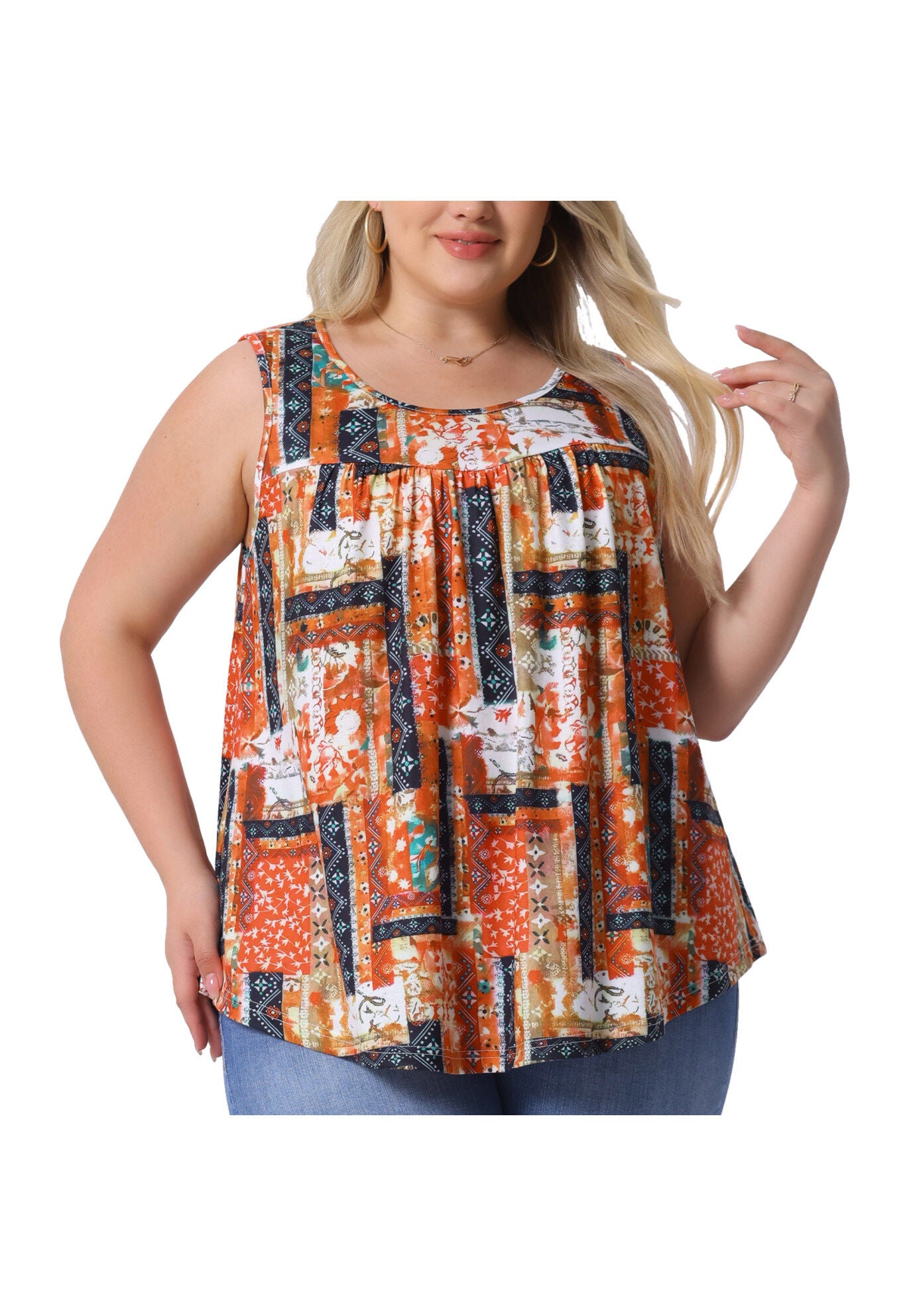 Round Neck Pleated Babydoll Boho Tank Tops, Orange / Orange, alternate image number 2