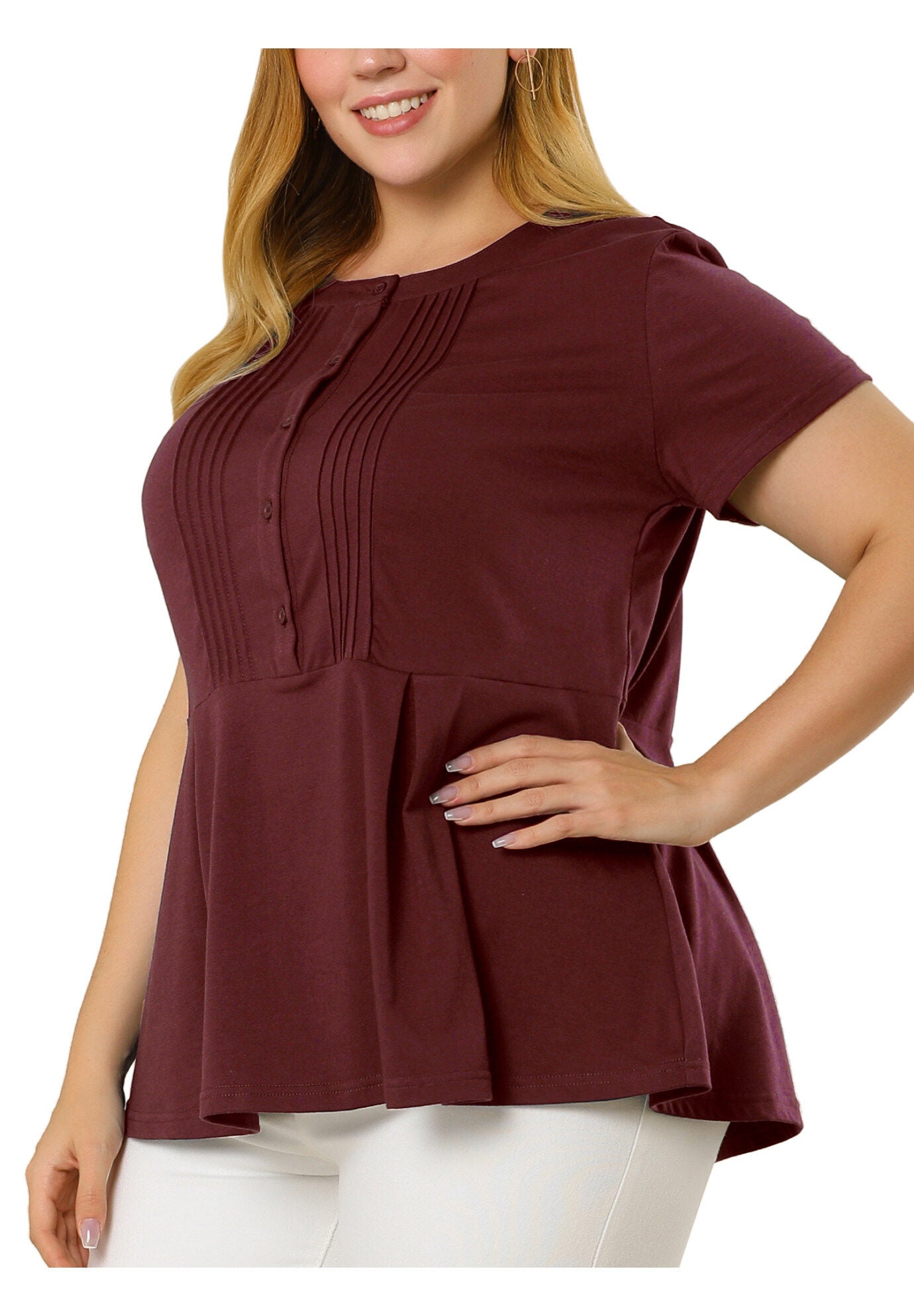 Round Neck Short Sleeve Shirt Blouse Peplum Top, Burgundy / Burgundy, alternate image number 2