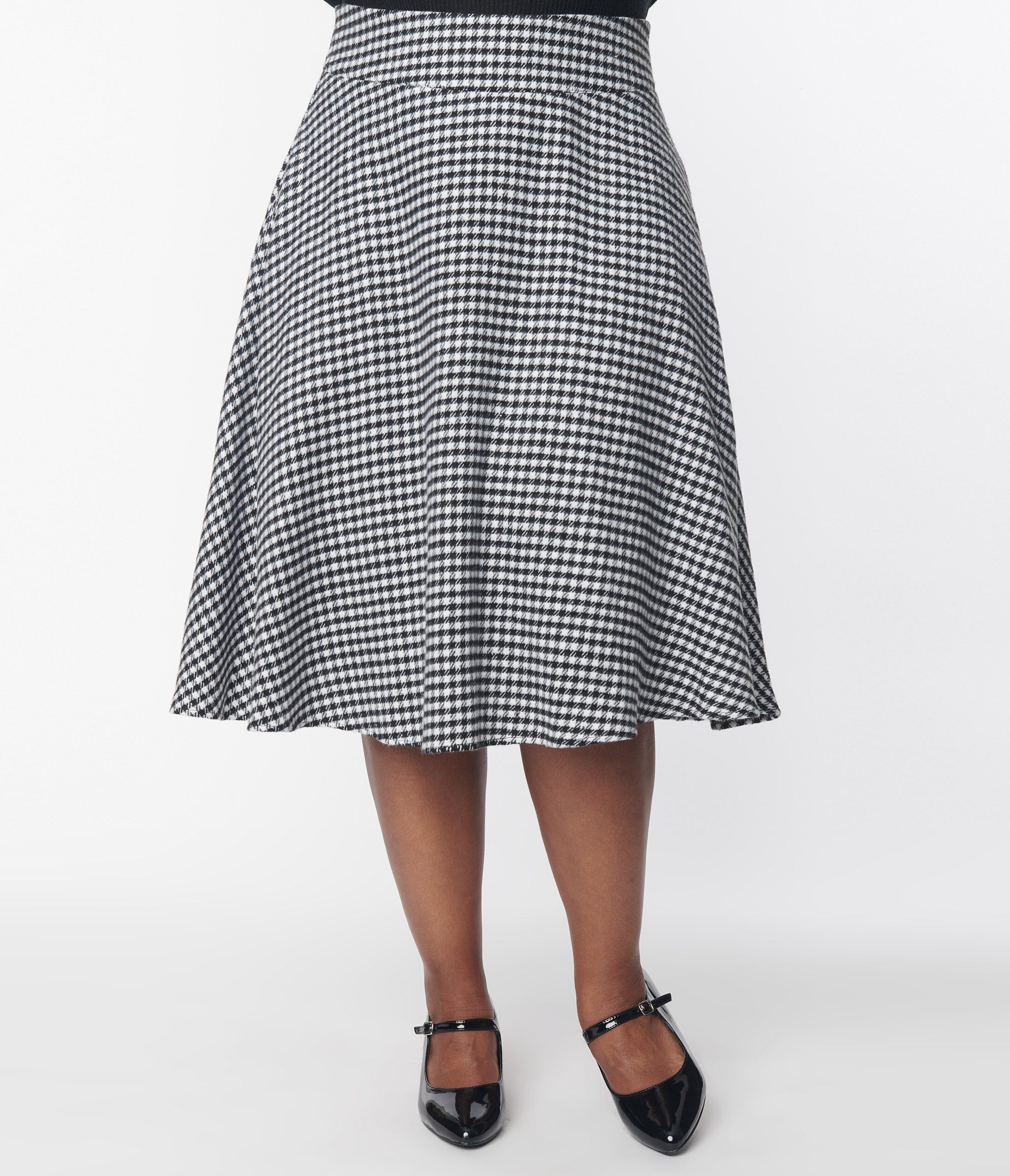 Unique Vintage Black & White Houndstooth High Waist Vivien Swing Skirt, Black  White Houndstooth / Black, alternate image number 3