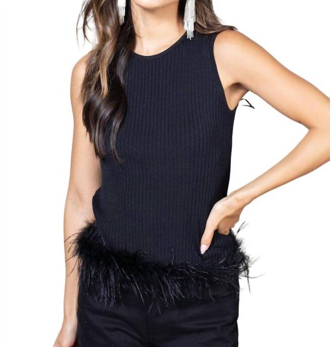 TENNESSEE FEATHER TRIM KNIT TOP IN BLACK, Black / Black, hi-res image number null