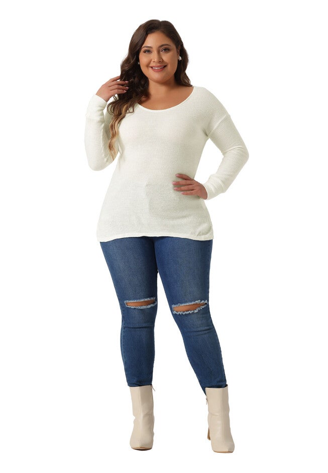 V Neck Waffle Knit Long Sleeve Shirt Basic Top, White / White, hi-res image number 0