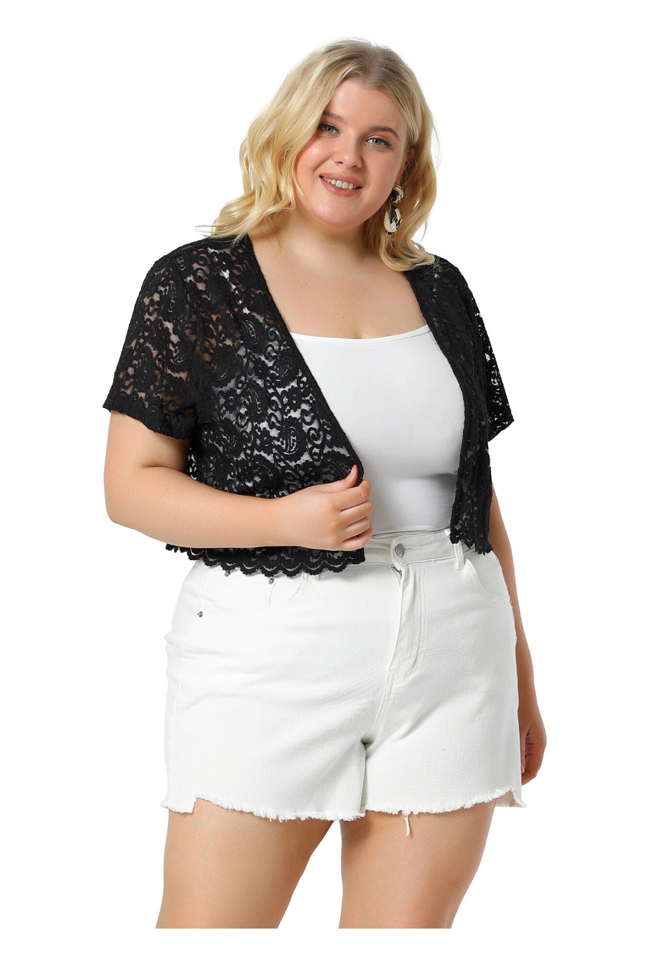 OPEN FRONT SHORT SLEEVE CROCHET LACE CROPPED BOLERO SHRUG CARDIGAN, Black / Black, hi-res image number 0