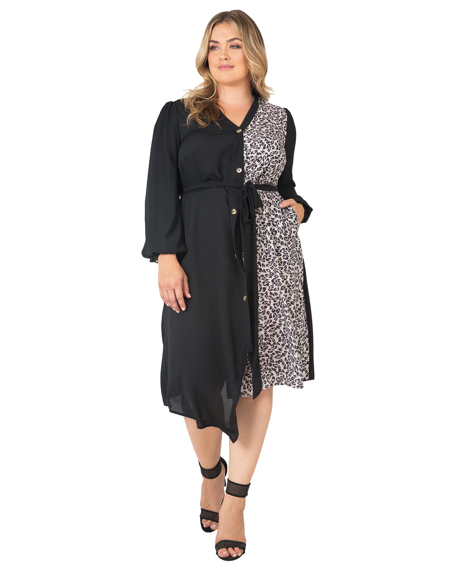 Standards & Practices Asymmetrical Hem Button-Up Wrap Lantern Sleeve Dress, BLACKBROWN / Black, alternate image number 4