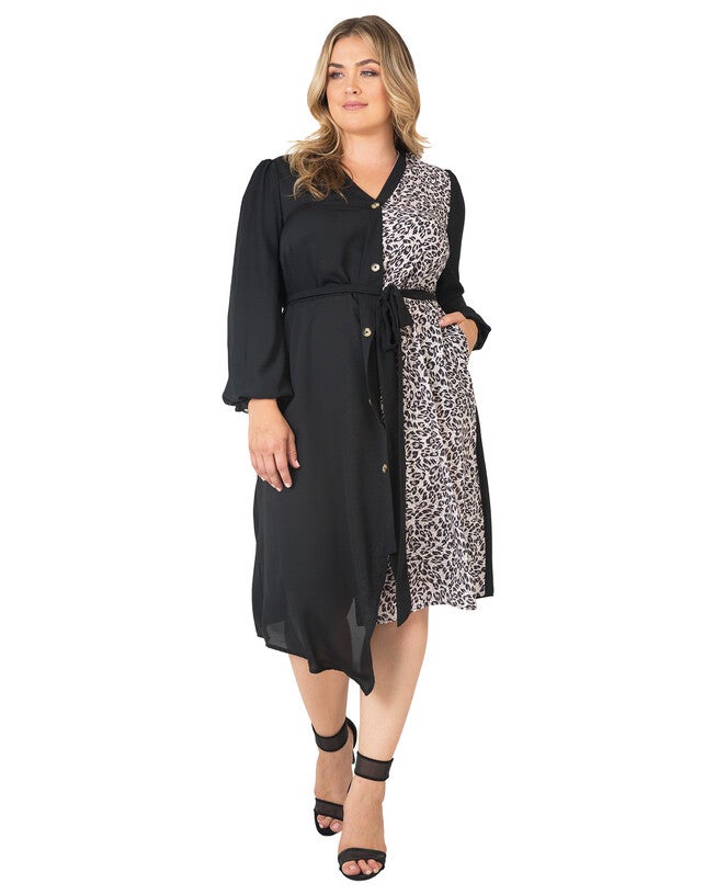 Standards & Practices Asymmetrical Hem Button-Up Wrap Lantern Sleeve Dress, BLACKBROWN / Black, alternate image number 4