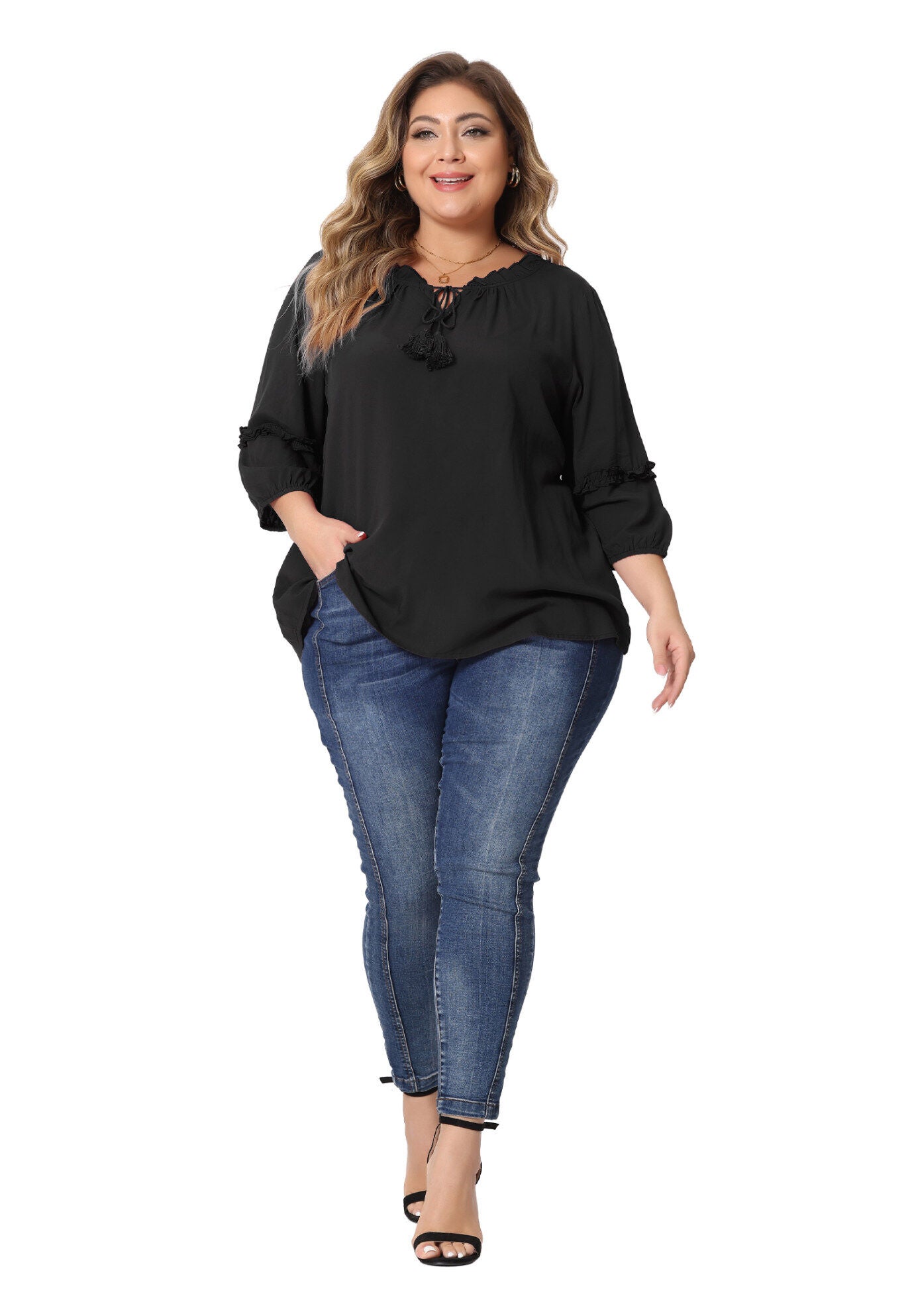 TIE NECK TASSEL SELF FLUTTER 3/4 SLEEVE BLOUSE TOP, Black / Black, hi-res image number 0