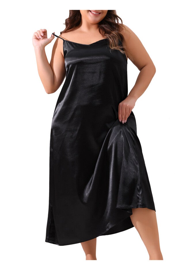 V Neck Satin Pajamas Sleeveless Cami Slip Dress, Black / Black, alternate image number 1