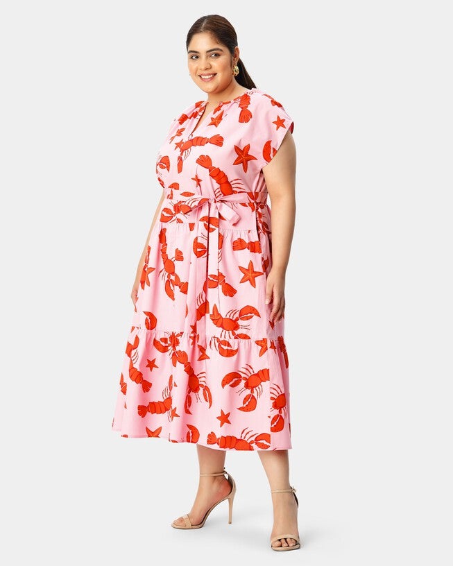 Lobster star print cotton drop waist tiered dress, Pink / Pink, alternate image number null