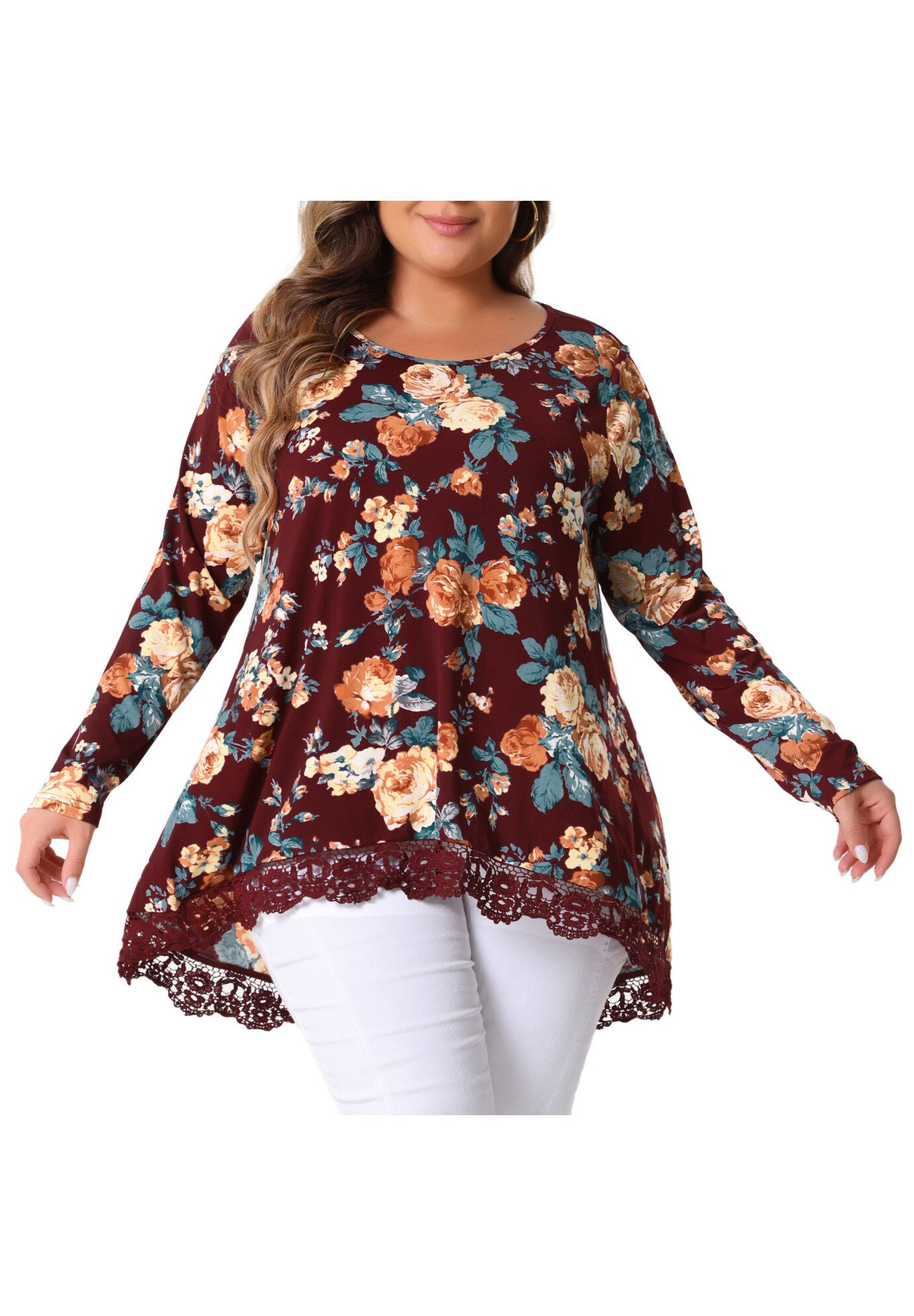Crew Neck A-Line High Low Hem Floral Blouse, Burgundy / Red, alternate image number 2