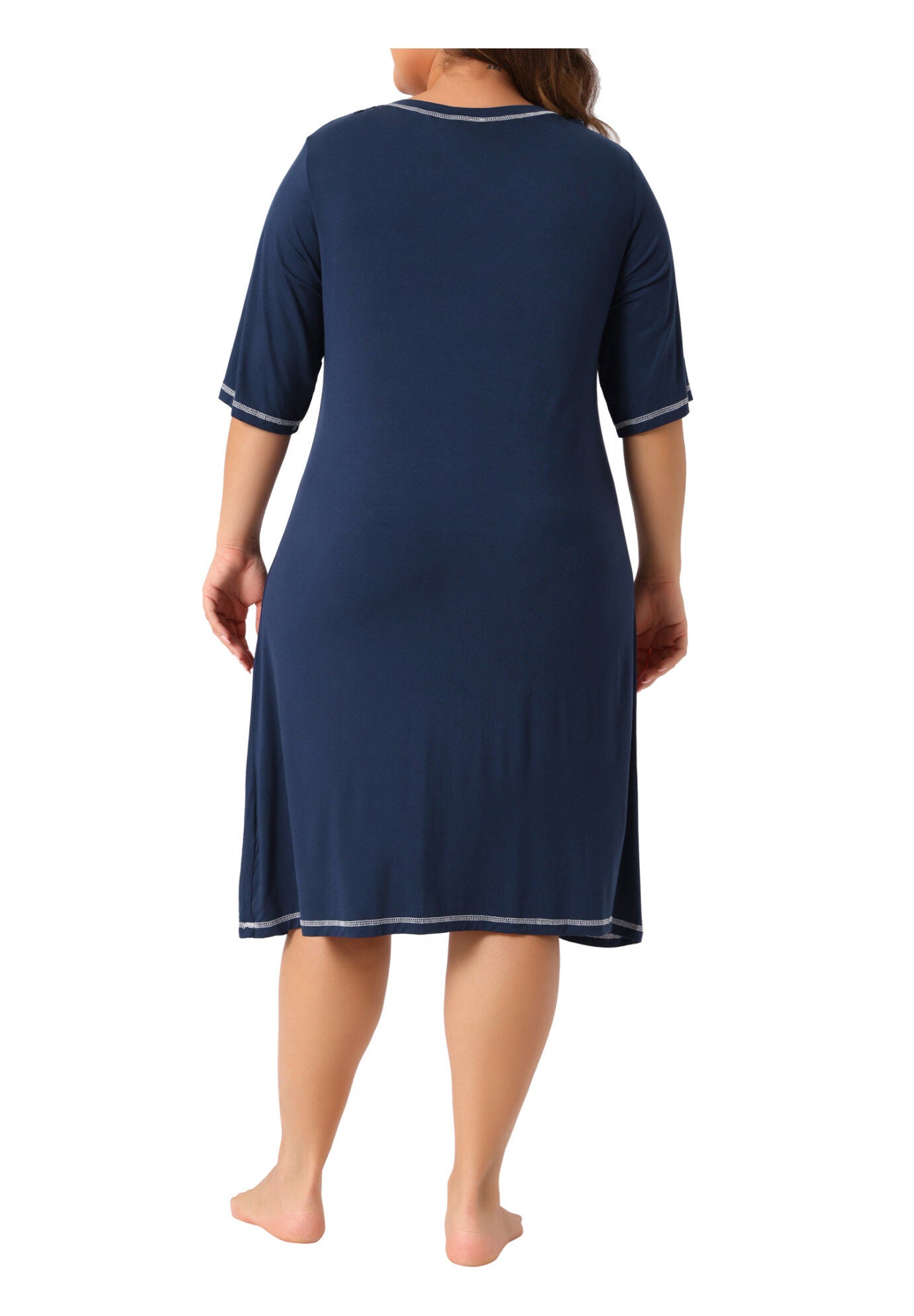 Short Sleeve V Neck Loose Sleepdress, Navy Blue / Navy, alternate image number 3