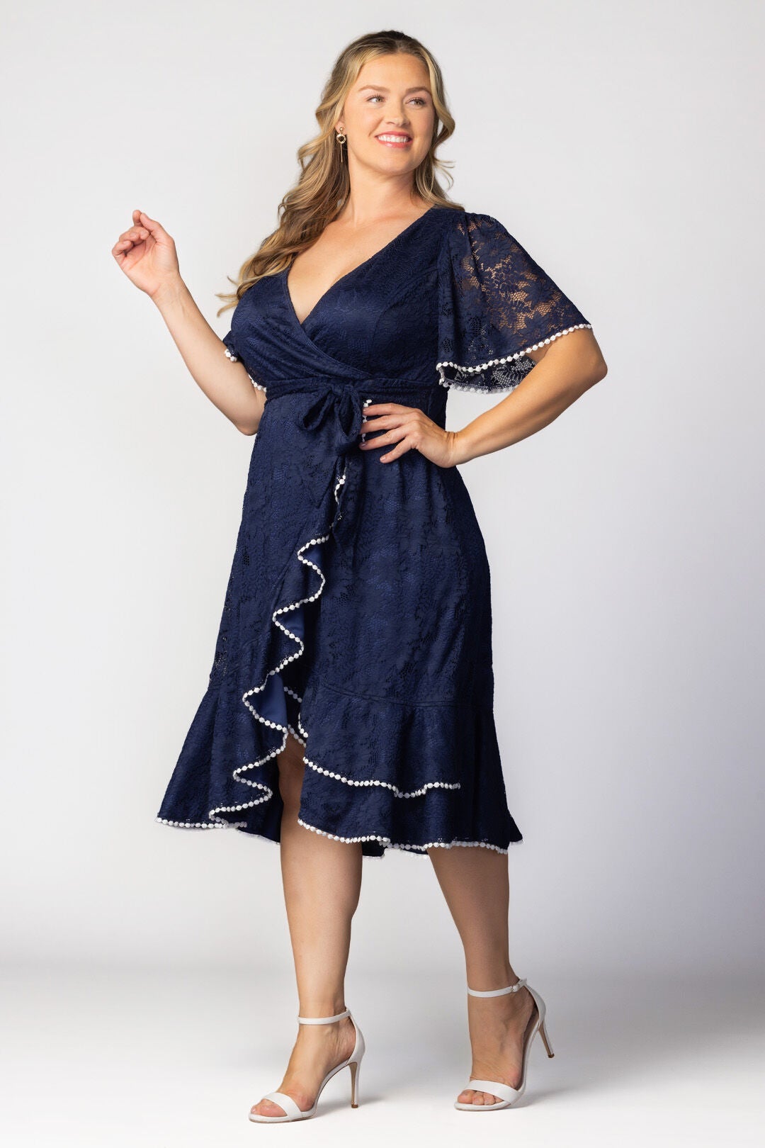 Palermo Lace Faux Wrap Dress, Navy Blue / Navy, alternate image number 3