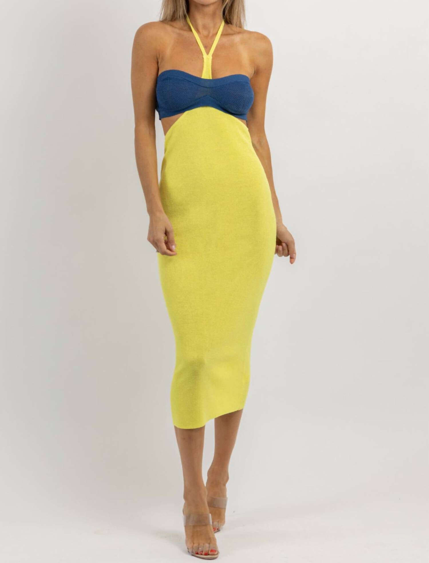 HALTER NECK MIDI DRESS IN LIMONCELLO, , alternate image number 6