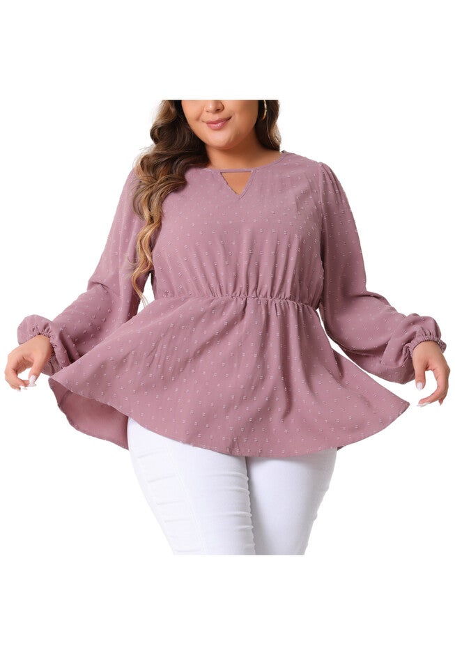 Textured Keyhole Cut Out Long Sleeve Swiss Dots Babydoll Peplum Blouse, Pink / Mauve, alternate image number null