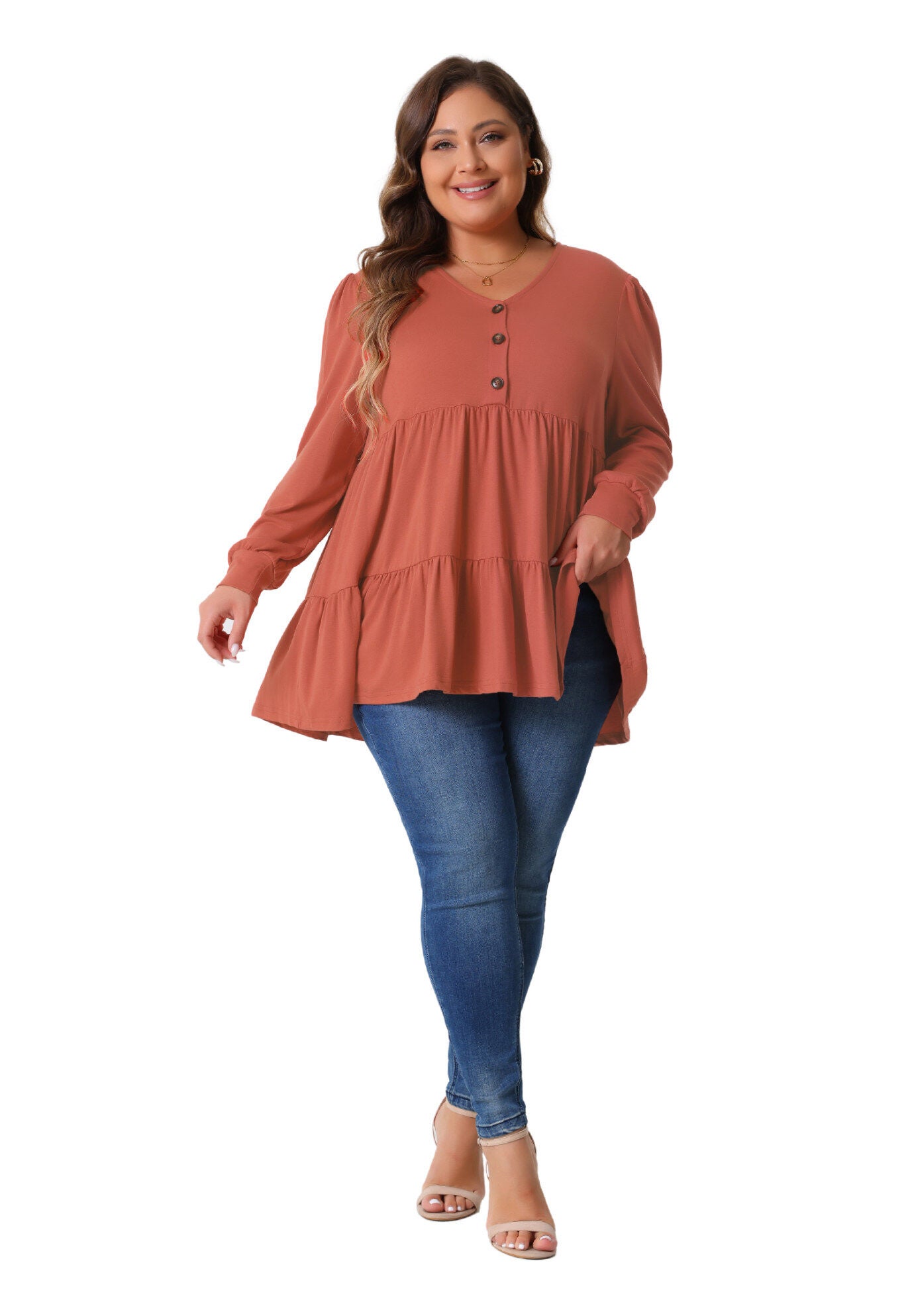 V Neck Long Sleeve Button Up Peplum Tunic Babydoll Top, Brick Red / Burnt Orange, hi-res image number 0