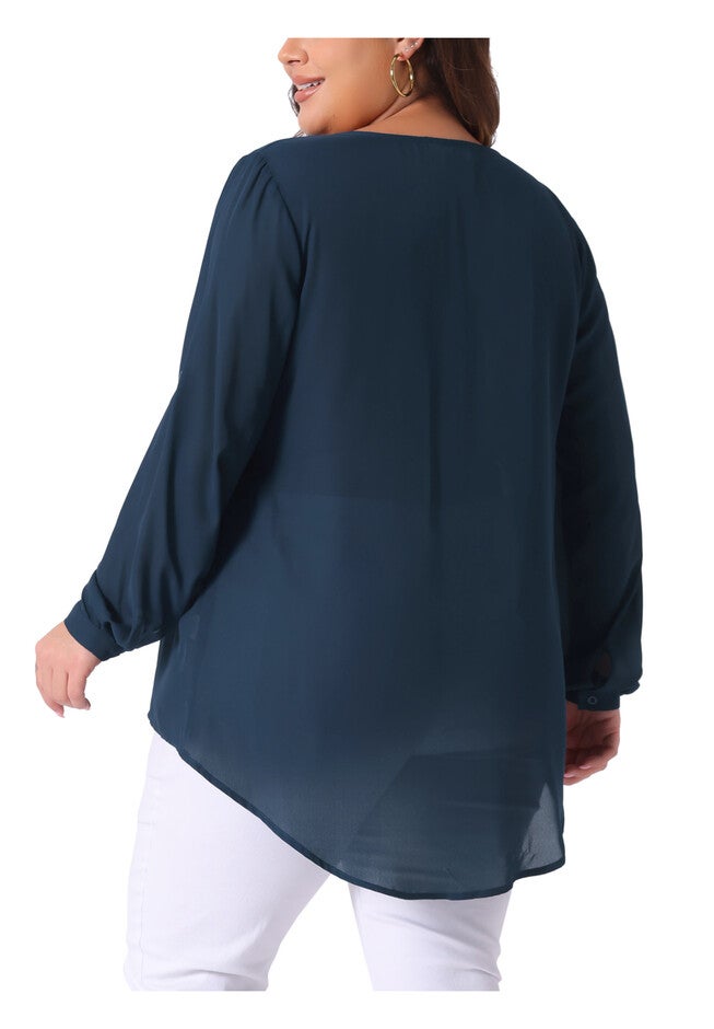Long Sleeve Notch V Neck High Low Hem Layer Tunic Top, Navy Blue / Navy, alternate image number 3