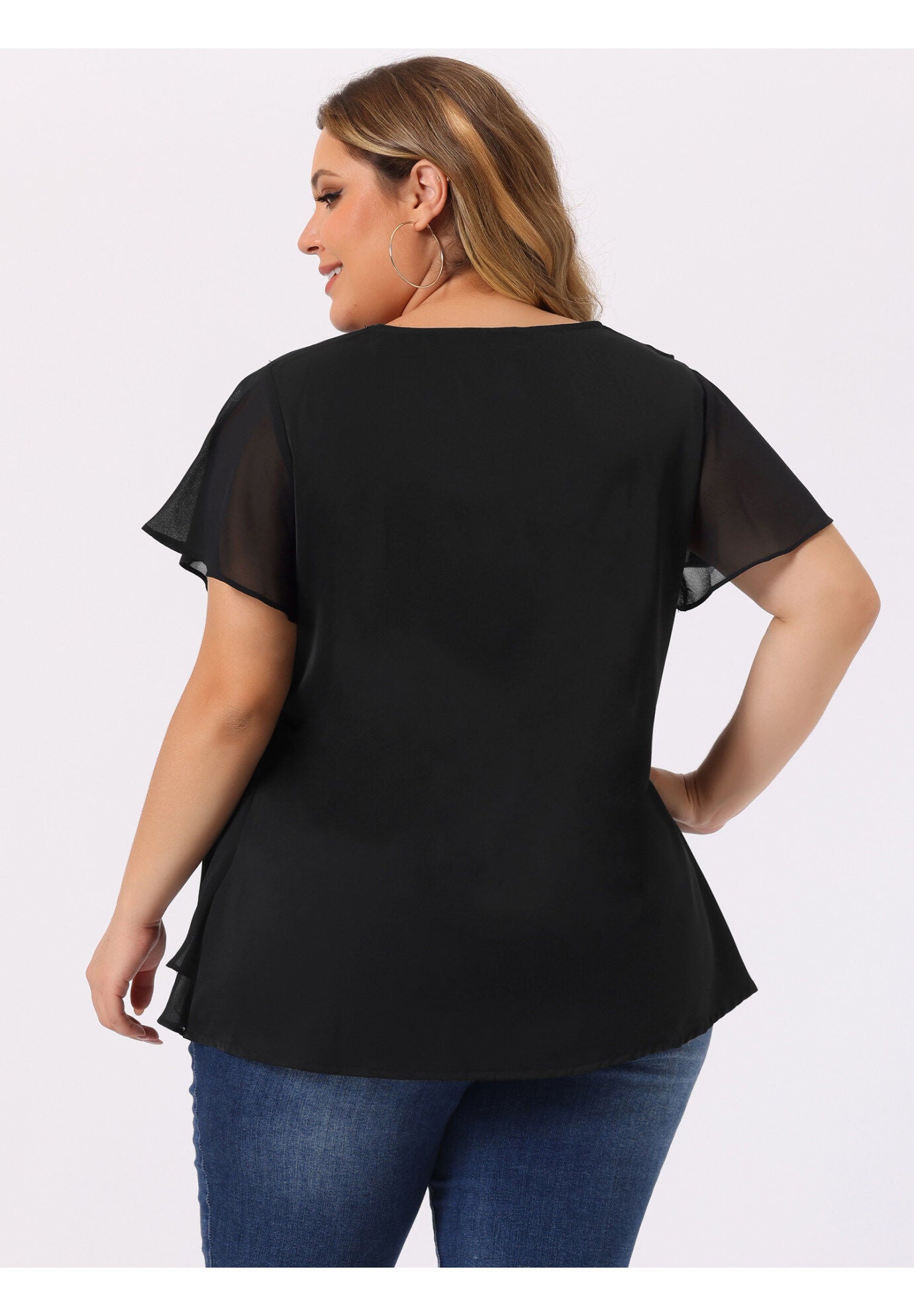 Flutter Sleeves Blouse V Neck Layer Chiffon Ruffle Top, Black / Black, alternate image number 3
