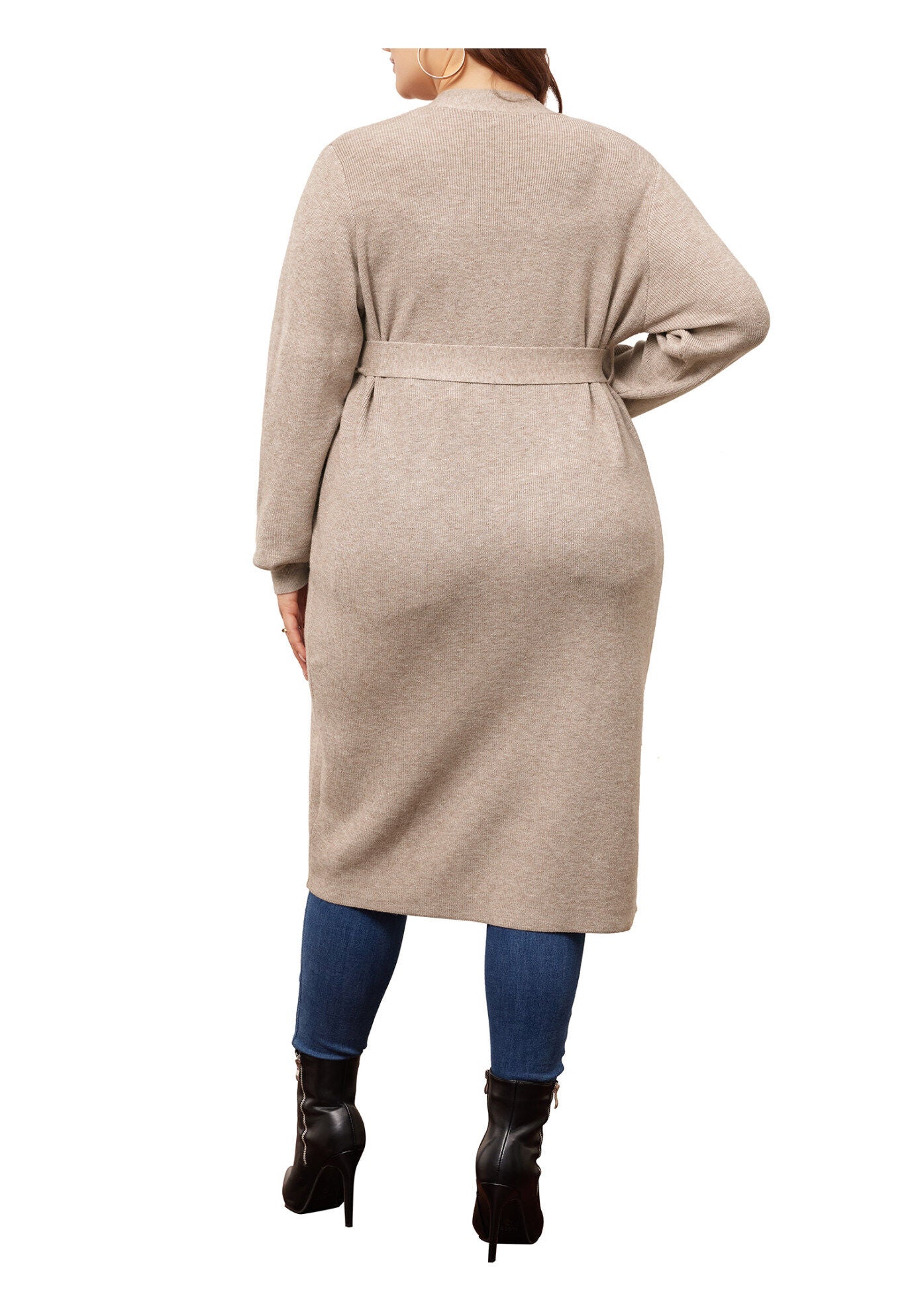 KNIT SWEATER BELTED OVERWEAR LONG CARDIGAN, Khaki / Beige, alternate image number 3