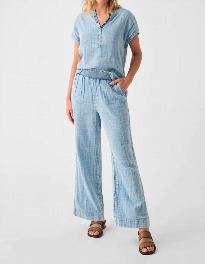 DREAM COTTON GAUZE WIDE LEG PANT IN LIGHT INDIGO WASH, Light Indigo Wash / Light Blue, alternate image number null