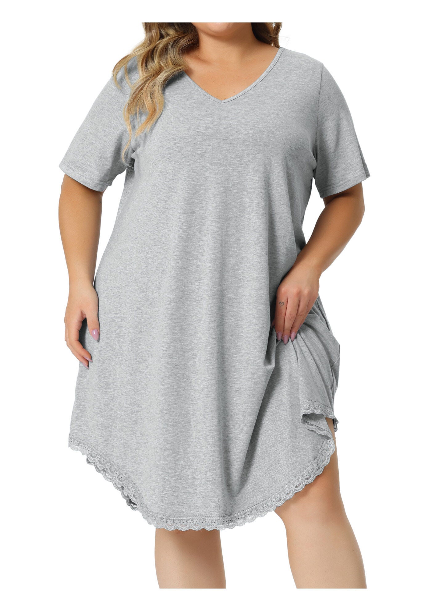 Short Sleeve V Neck Pajama Sleepdress, Light Gray / Light Grey, alternate image number 2