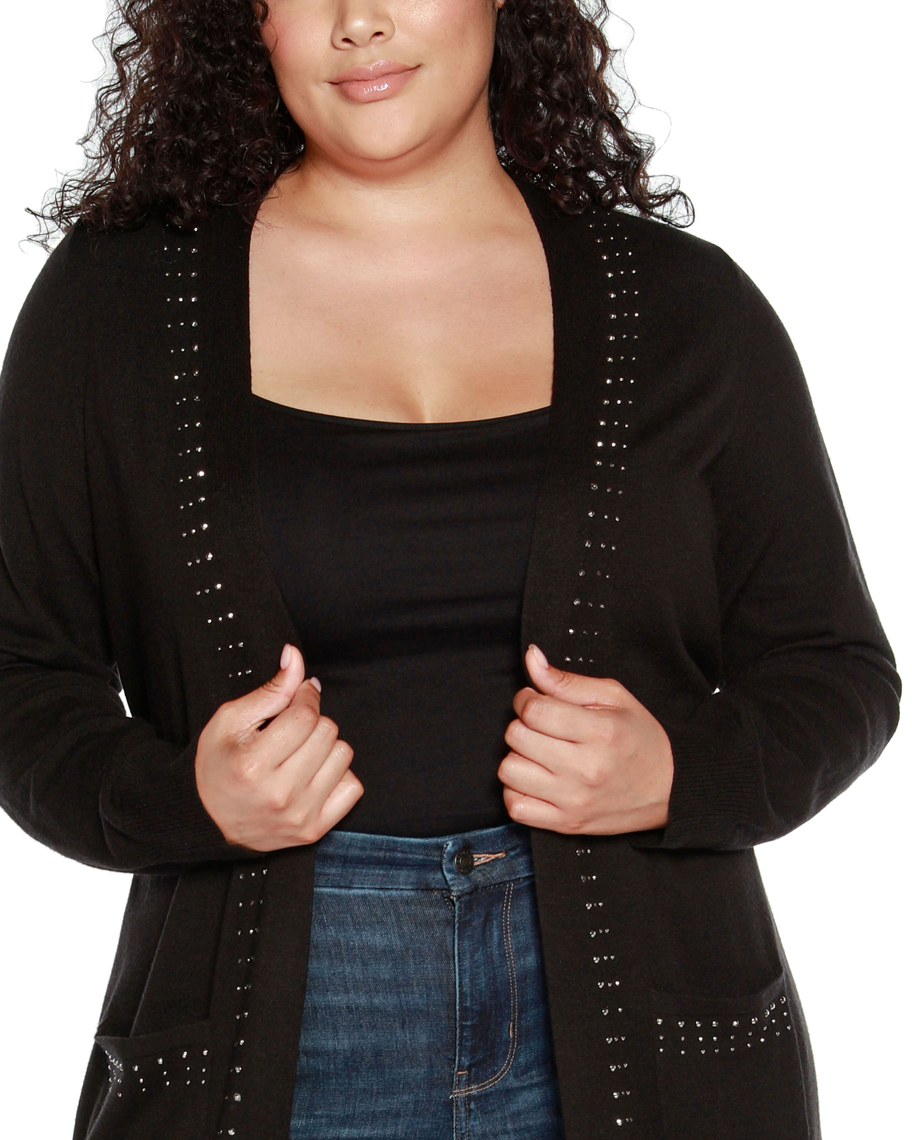 RHINESTONE-TRIM BELTED DUSTER CARDIGAN, Black / Black, alternate image number 3