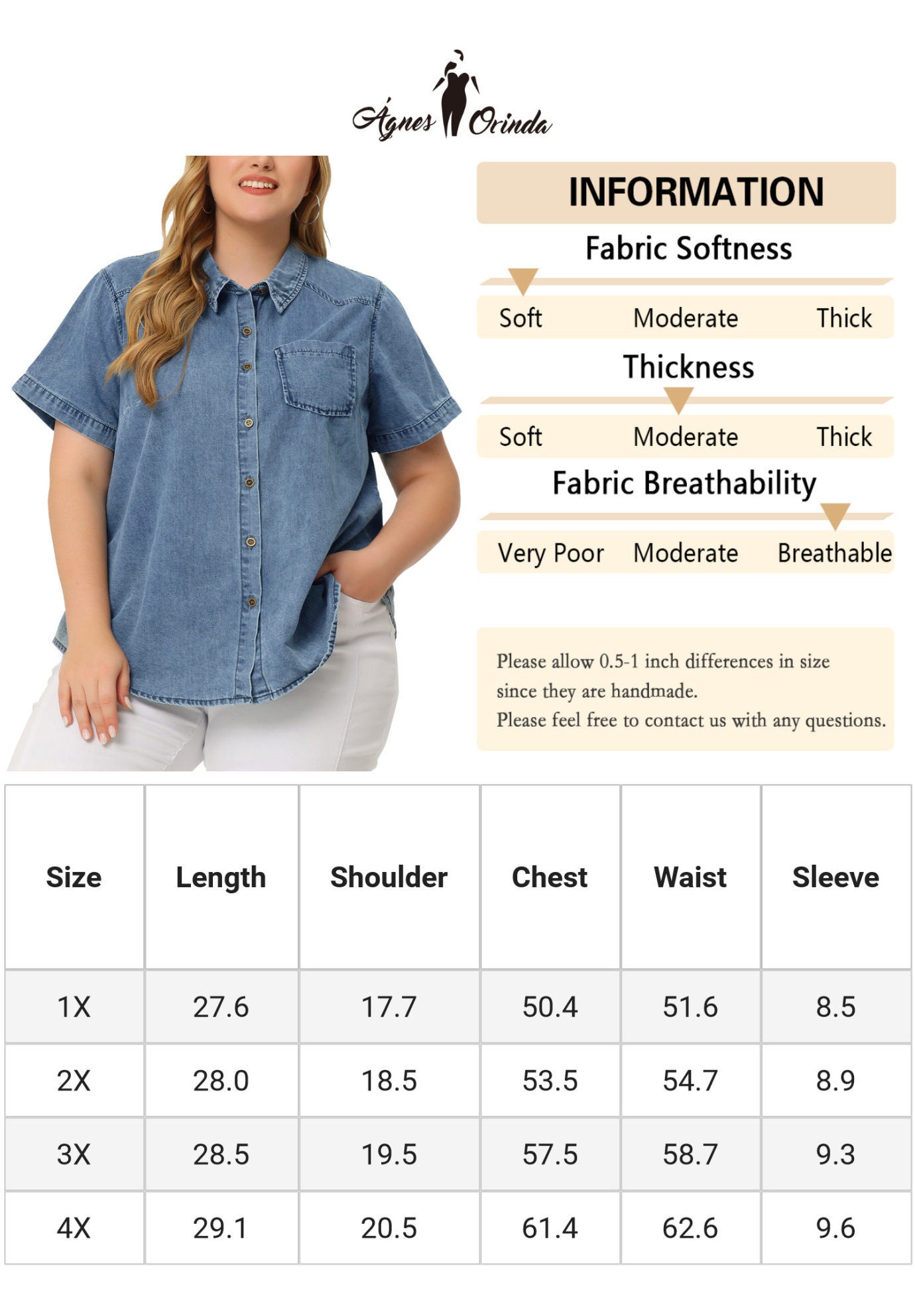 Jean Short Sleeve Button Down Top Denim Shirt, Stone Washed Blue / Medium Wash, alternate image number 4