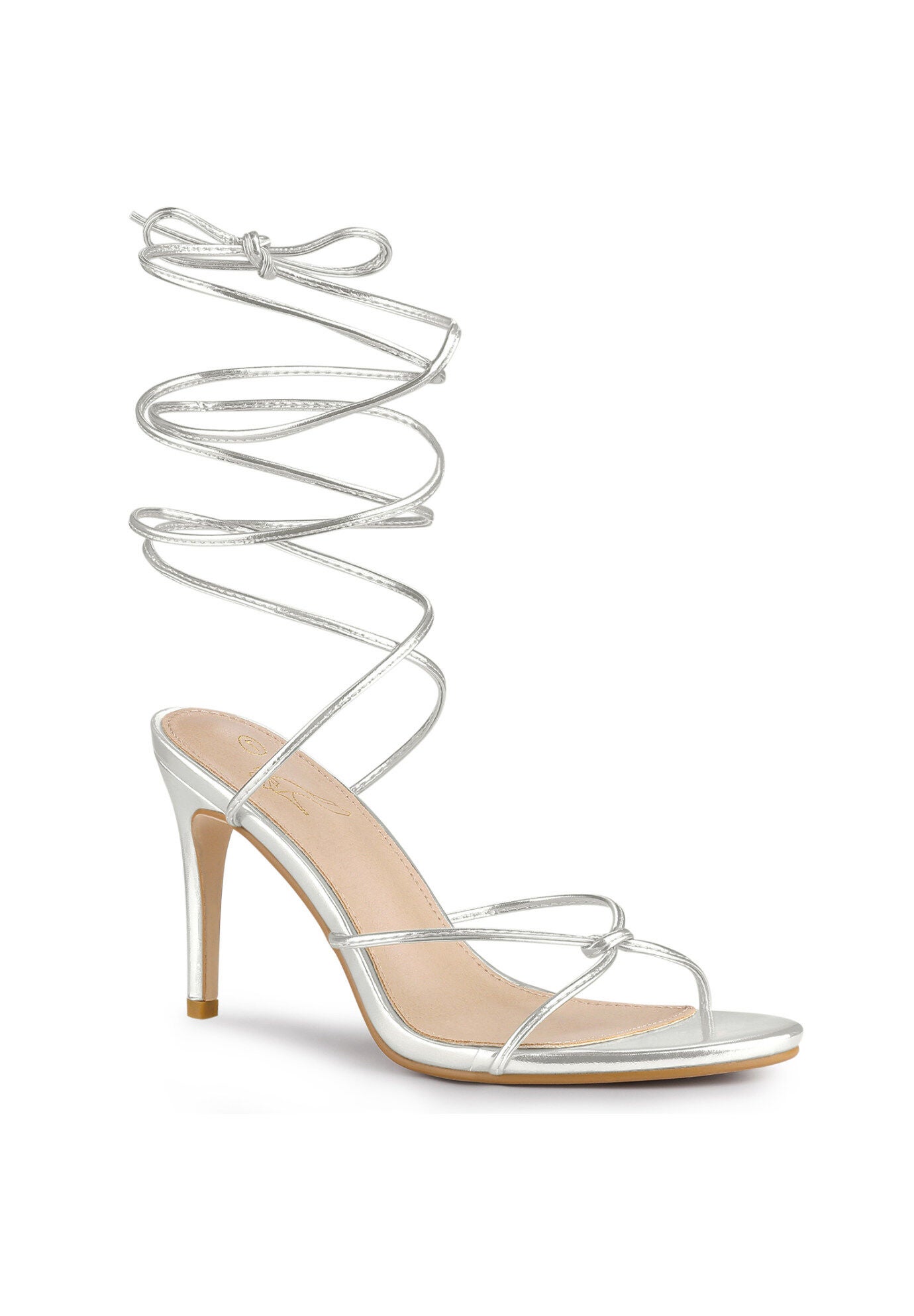 Lace Up Slingback Strappy Stiletto Heels Sandals, Silver / Silver, hi-res image number 0